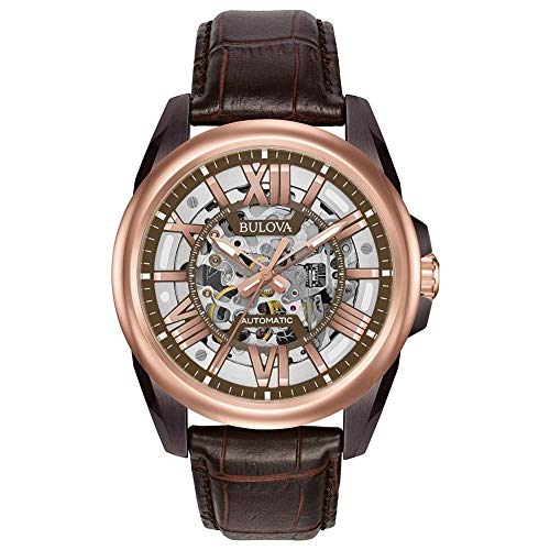 Bulova Men's Mechanical Hand Wind Stainless Steel and Leather Dress Watch, Color:Brown (Model: 98A165)
