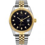 BUREI Men's Luxury Black Automatic Watch with Sapphire Crystal Rhinestone Marker Date Dial and Two-Tone Stainless Steel Band