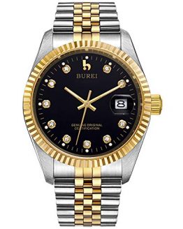BUREI Men's Luxury Black Automatic Watch with Sapphire Crystal Rhinestone Marker Date Dial and Two-Tone Stainless Steel Band