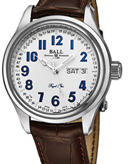 Ball Men's NM1058D-LL9J-WH 'Trainmaster' White Dial Brown Leather Strap Day Date Royal Blue Limited Edition Swiss Automatic Watch