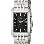 Citizen Men's Quartz Watch with rectangular case, textured black dial, and silver-tone stainless steel band. Featuring a date window and water resistance up to 30 meters – ideal for everyday use. 