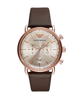 Emporio Armani Men's Dress Stainless Steel Quartz Watch with Leather Calfskin Strap, Brown, 22 (Model: AR11106)
