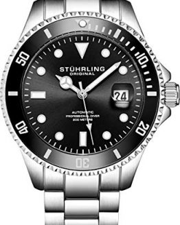 Stuhrling Original Mens Stainless Steel Automatic Self Wind Dive Watch Deep Black Dial 200M Water Resistant Unidirectional Ratcheting Bezel Screw Down Crown Sport Watch 792 Series