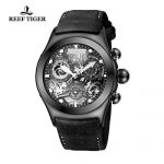 Reef Tiger Unique Black Wrist Watch with Date Skeleton