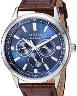 Citizen Men's Eco-Drive Stainless Steel Japanese-Quartz Watch with Leather Calfskin Strap, Brown, 20 (Model: BU2070-12L)