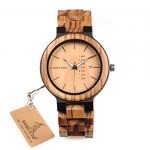 BOBO BIRD Men Watch Wooden Quartz Round Wrist Watch Japan Movement Week Date Display with Wooden Box,Brown
