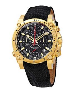 Men's Bulova Precisionist Chronograph Gold Tone Black Strap Watch 97B178