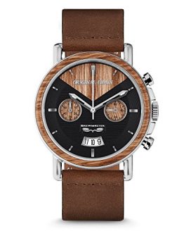 Original Grain Wood Wrist Watch | Brewmaster Collection 44MM Chronograph Watch | Brown Leather Watch Band | Japanese Quartz Movement | German Oak Beer Barrel Wood Bezel | Stainless Steel Case
