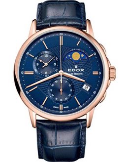 Edox Men's Les Bemonts Stainless Steel Swiss-Quartz Watch with Leather Strap, Blue, 22 (Model: 01651 37R BUIR)