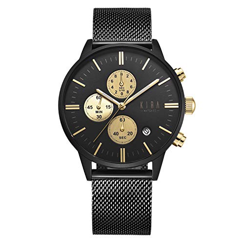 Luxurious KIRA-WATCHES Men's Chronograph Analog Watch with 316L Stainless Steel Dial & Milanese Mesh Strap, 3 Stopwatches, Japanese Quartz Movement - Black & Gold.