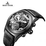 Reef Tiger Unique Black Wrist Watch with Date Skeleton