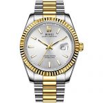 BUREI Men Watches Luxury Analog Quartz Wrist Watch Silver Dial Calendar Display Sapphire Crystal Lens with Two Tones Stainless Steel Band 