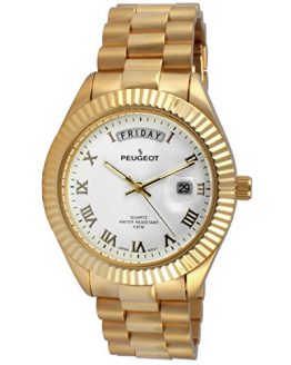 Peugeot Men's '14K All Plated Day Date Roman Numeral Big White Face Fluted Bezel Luxury' Quartz Metal and Stainless Steel Dress Watch, Color:Gold-Toned (Model: 1029WT)