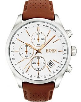 Hugo Boss Men's Grand Prix 46mm Brown Leather Band Steel Case Quartz White Dial Analog Watch 1513475