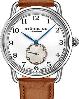 Stuhrling Original Classic Cuvette Wrist Watch for Men - Swiss Quartz Analog White Dial with Seconds Sub-dial Brown Leather Strap Mens Designer Watch 207.01