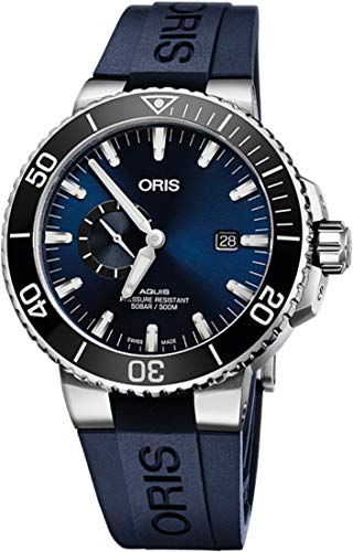 Oris Aquis Small Second Date Mens Stainless Steel Automatic Diver Watch - 45mm Analog Blue Face Blue Rubber Band Swiss Luxury 500M Waterproof Dive Watch for Men 01 743 7733 4135-07 4 24 65EB