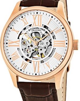 Stuhrling Original Mens Stainless Steel, Rose Gold Plated, Automatic Watch, Silver Skeleton Dial, Brown Leather Band, 747 Series