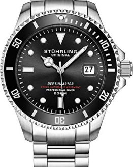 Mens Swiss Automatic Stainless Steel Professional"DEPTHMASTER" Dive Watch, 200 Meters Water Resistant, Brushed and Beveled Bracelet with Divers Safety Clasp and Screw Down Crown (Black)