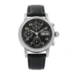 Montblanc Meisterstuck Automatic Watch with a 38mm stainless steel case, black dial, and premium leather strap, certified pre-owned in mint condition. 