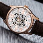 Stuhrling Original Mens Stainless Steel, Rose Gold Plated, Automatic Watch, Silver Skeleton Dial