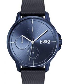 Hugo Men's #Focus Quartz Blue IP and Leather Strap Casual Watch, Color: Blue (Model: 1530033)
