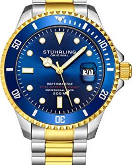 Mens Swiss Automatic Stainless Steel Professional"DEPTHMASTER" Blue Dial Dive Watch, 200 Meters Water Resistant, Brushed and Beveled Bracelet with Divers Safety Clasp, Screw Down Crown