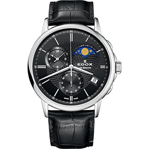 Edox Men's Les Bemonts Stainless Steel Swiss-Quartz Watch with Leather Strap, Black, 22 (Model: 01651 3 NIN)