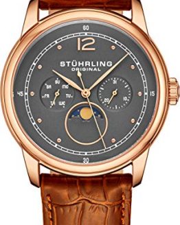 Stuhrling Original Mens MoonPhase Dress Watch - Stainless Steel Case and Brown Leather Band - Grey Analog Dial with Day of The Week and Date Celestia Mens Watches Collection