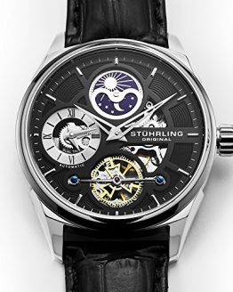 Stuhrling Original Men's 657.02 Delphi Stainless Steel Automatic Self-Wind Dual Time AM/PM Indicator Watch with Black Leather Band