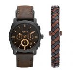 Fossil Mens FS5251SET Machine Chronograph Dark Brown Leather Watch and Bracelet Box Set