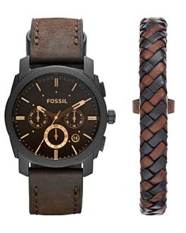 Fossil Mens FS5251SET Machine Chronograph Dark Brown Leather Watch and Bracelet Box Set