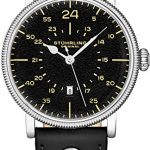 STUHRLING Original Mens Watch. Analog Quartz Military Wrist Watch. Genuine Calfskin Leather Strap, Black Dial, 24-Hour Watch. Aviator Watches for Men. 22mm Watch Band. A Smart Watch to wear.