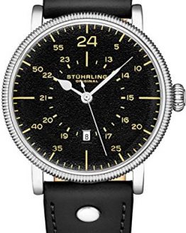 STUHRLING Original Mens Watch. Analog Quartz Military Wrist Watch. Genuine Calfskin Leather Strap, Black Dial, 24-Hour Watch. Aviator Watches for Men. 22mm Watch Band. A Smart Watch to wear.