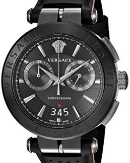 Versace Men's Aion Chrono Stainless Steel Quartz Watch with Leather Calfskin Strap, Black, 24 (Model: VBR030017)