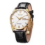 ROCOS Men's Automatic Mechanical Watch Luxury Gold Stainless Steel Wrist Watches for Men Classic Elegant Analog Casual Business Waterproof Watches with Calendar (Black Strap)