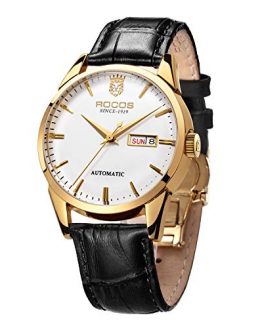 ROCOS Men's Automatic Mechanical Watch Luxury Gold Stainless Steel Wrist Watches for Men Classic Elegant Analog Casual Business Waterproof Watches with Calendar (Black Strap)