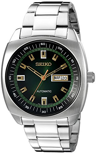 Experience Timeless Elegance with Seiko Men's Analog Automatic Watch in Silver Stainless Steel with Green Dial (Model: SNKM97).
