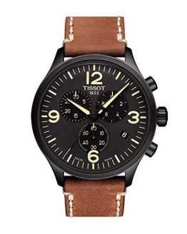 Tissot Chrono XL Mens Chronograph Watch - 45mm Analog Black Face with Date and Sapphire Crystal - Brown Leather Band Swiss Made Black PVD Stainless Steel Luxury Quartz Watch for Men T116.617.36.057.00