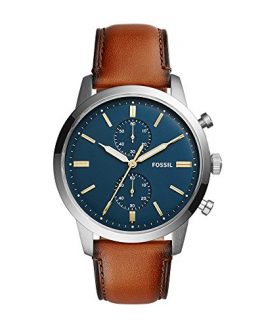 Fossil Men's Townsman Quartz Stainless Steel and Leather Chronograph Watch, Color: Brown; Dial color - blue-Tone (Model: FS5279)