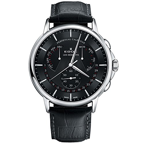 Edox Men's Les Bemonts Stainless Steel Swiss-Quartz Watch with Leather Calfskin Strap, Black, 22 (Model: 01602 3 NIN)
