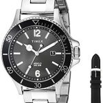 Timex Men's TWG019700 Harborside Silver-Tone/Black Stainless Steel Bracelet Watch Gift Set + Black Genuine Leather Strap