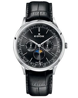 Edox Men's Les Vauberts 42mm Black Leather Band Steel Case Sapphire Crystal Quartz Watch 40101 3C NIN