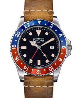 Davosa Swiss Made Quartz Quality Watch - Luxury GMT Dual Time Analog Dial Vintage Fashion Watch with Genuine Leather Wrist Band (16250095)