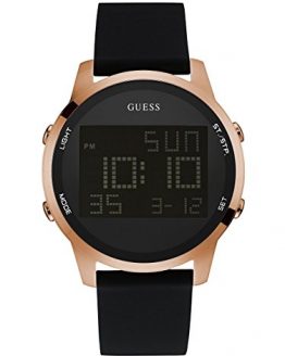 GUESS Comfortable Rose Gold-Tone Black Stain Resistant Silicone Digital Watch with Day, Date, 24 Hour Military/Int'l Time, Dual Time Zone + Alarm. Color: Black (Model: U0787G2)