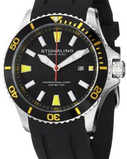 Stuhrling Original Men's 706.04 Aquadiver Regatta Quartz Date Yellow Accent Rubber Strap Diver Watch