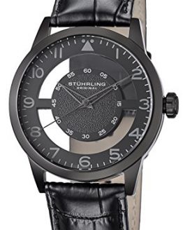 Stuhrling Original Men's 650.04 Aviator Quartz Transparent Dial Leather-Strap Black Watch