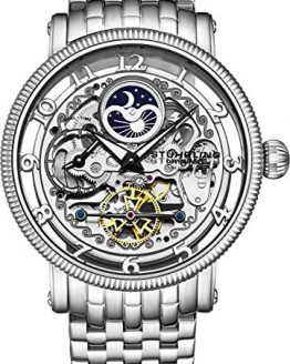 Stührling Original Mens Automatic Watch, Skeleton Watch Analog Dial, Silver Accents, Dual Time, AM/PM Sun Moon, Stainless Steel Bracelet, 3922 Watches for Men Collection