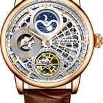 Stührling Original Rose Gold Watch for Men Skeleton Watch Dial Automatic Watch Movement - Dual Time, AM/PM Sun Moon, Genuine Leather Band, 3926 Watch Mens Collection