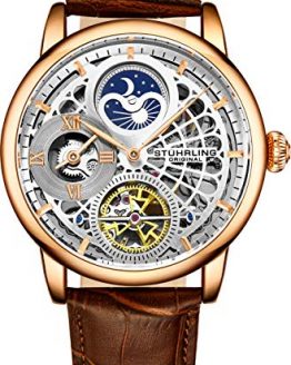 Stührling Original Rose Gold Watch for Men Skeleton Watch Dial Automatic Watch Movement - Dual Time, AM/PM Sun Moon, Genuine Leather Band, 3926 Watch Mens Collection