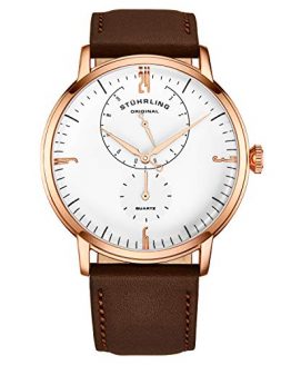 Stührling Original Mens Watches Horween Brown Leather Watch Band - Minimalist Analog Dress Watch - Wrist Watch Domed Crystal - Mens Watch - 24 Hour Subdial- Watches for Men
